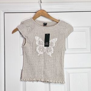 Wild Fable Beige Smocked Crop Top with Butterfly Size Medium